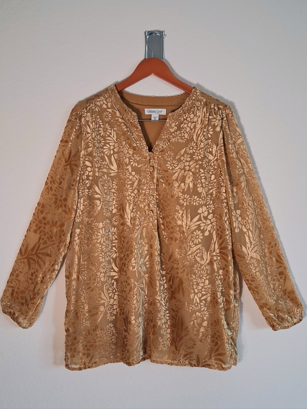Coldwater Creek Gold Floral Velvet Burnout Blouse
